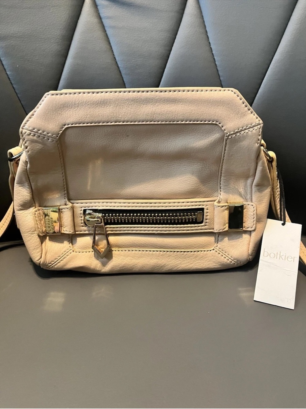 Botkier Beige Leather Crossbody with Front Zip and Gold Hardware